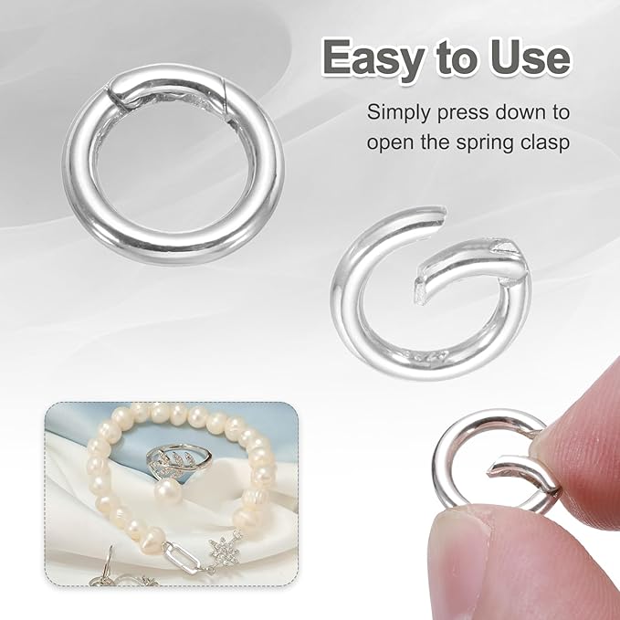 PATIKIL 11.6mm 925 Sterling Silver Spring Gate Rings, 2Pcs Round Spring Clasps Necklace Enhancer Shortener Closures Connector for Jewelry Making Necklaces DIY, Silver Tone