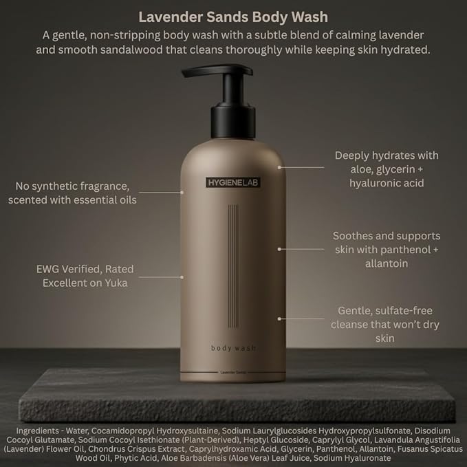 HygieneLab Mens Natural Body Wash - Ultra Hydrating, EWG Verified Clean Formula, Lavender Sands Scent, Sulfate-Free, Paraben-Free, Phthalates-Free, Gentle & Effective for Healthy Skin (16.9 oz)