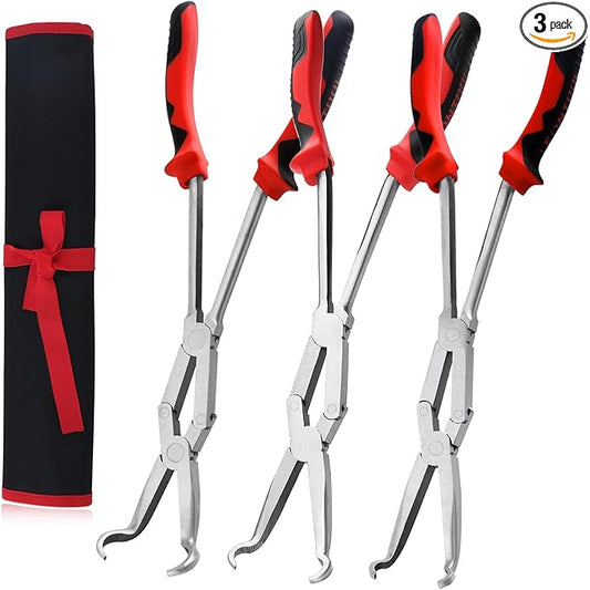 3PCS Extra Long Nose Hose Grip Pliers Set 13" Spark Plug Remeover Pliers Long Reach XL Pivot Ring Nose Plier Double Joint Ring Nose Plier with Serrated Jaw for Hard to Reach Narrow Spaces