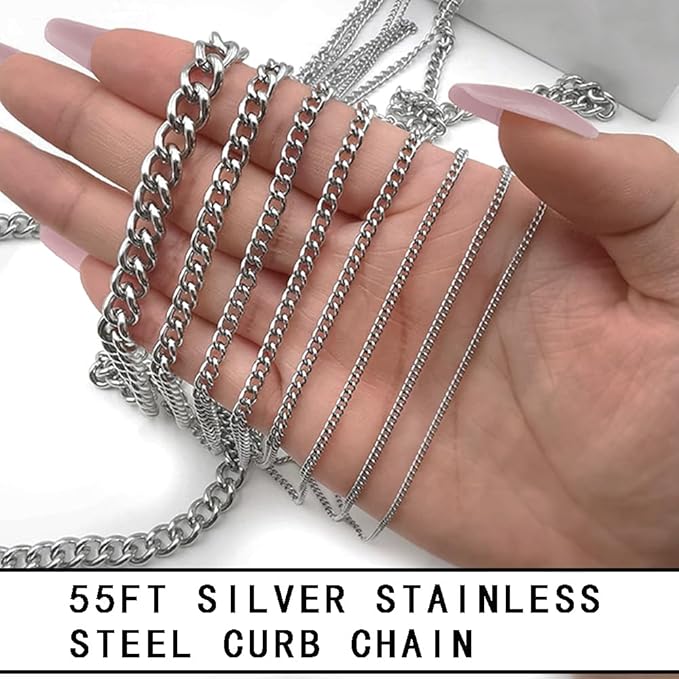 55ft Silver Stainless Steel Curb Chain for Jewelry Making,Twisted Link Chains with Spool for Necklace Bracelet,100 Pcs Jump Rings and Lobster Clasps DIY Supplies for Dog Tag,Keychain(2.8x2.2x0.6mm)