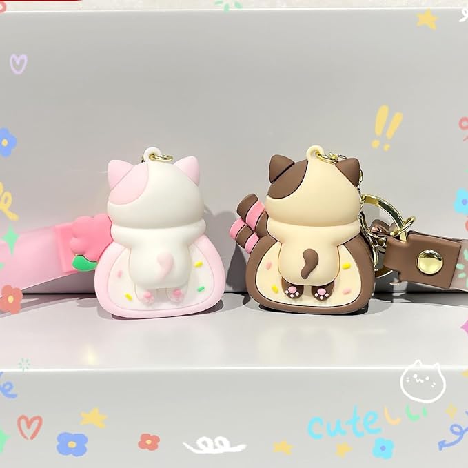 Girly Super Cute Lovely Pink Brown Swiss Roll Bread Cake Cat Kitty Panda Keychain Key Ring Bag Charm Pendant