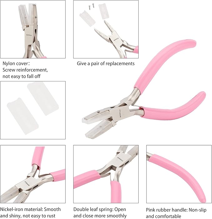SUNNYCLUE 5.4 Inch Double Nylon Jaw Flat Nose Pliers Mini Precision Pliers Wire Forming Bending Tools for DIY Jewelry Making Hobby Projects Pink