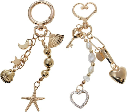 Pearl Beaded Keychain Charms, Cute Purse Charms for Handbags, Gold Starfish Keyring for Women, Heart Star Moon Shell
