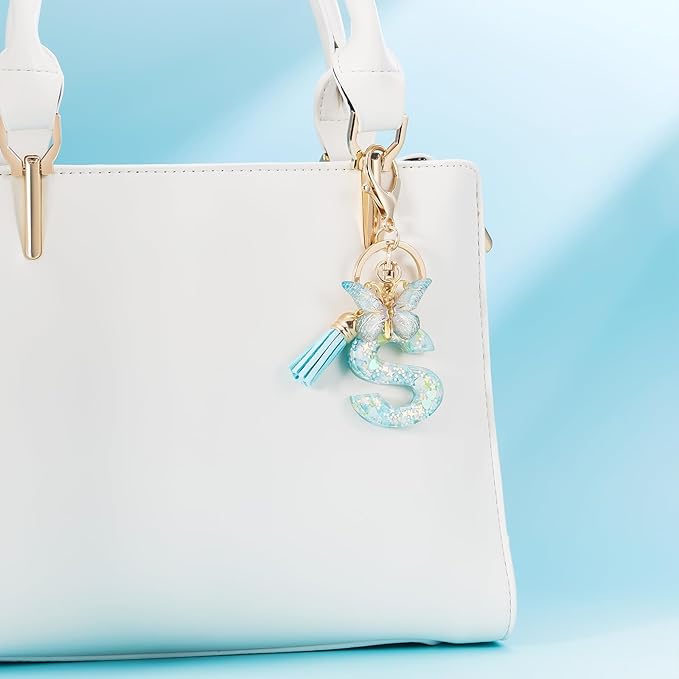 Fashion Alphabet Initial Letter Keychain Tassel Butterfly Pendant Key Ring for Purse Handbags Women Girl