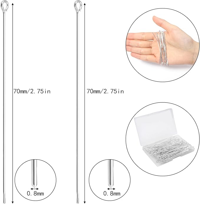 200 Pcs 70mm/2.76 Inch 21 Gauge Eye Pins for Jewelry Making Straight Head Ball Pin for DIY Christmas Styles Craft Earring Bracelet Necklace Pendant Making (Eye Pins,Sliver Color)