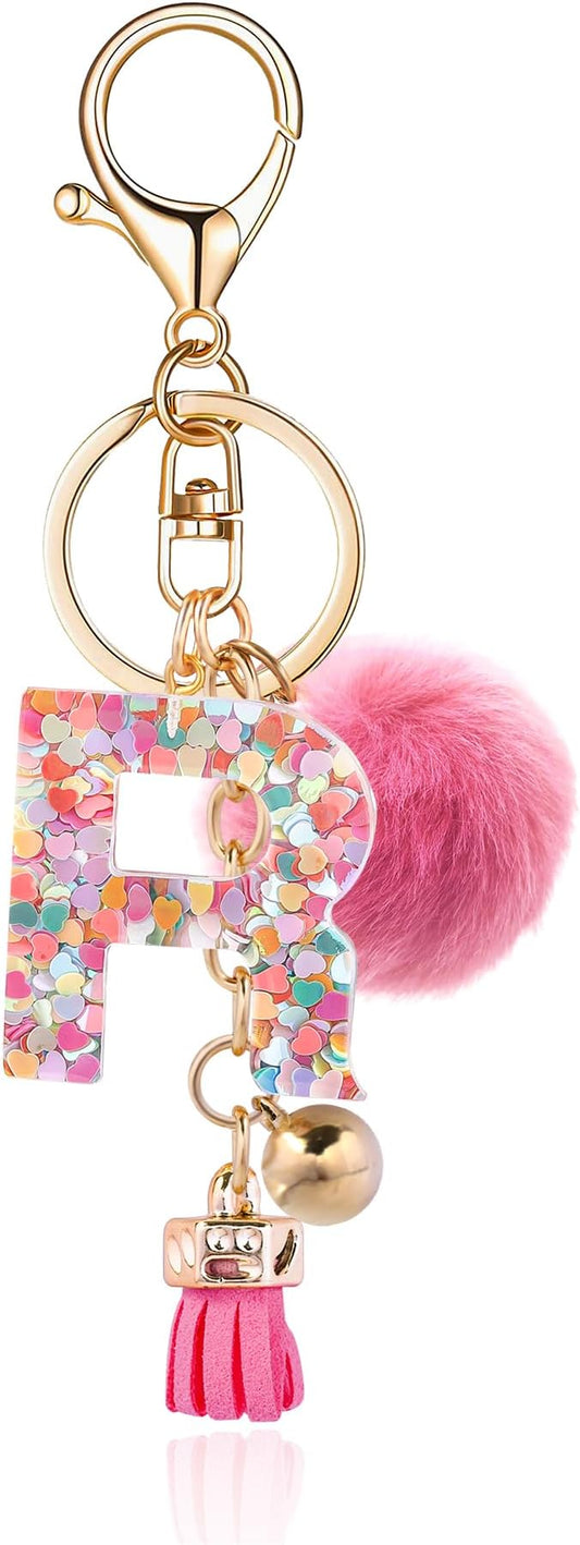 Resin Alphabet Initial Letter Keychain Keyring for Women Purse Handbags With Fur Ball Pom