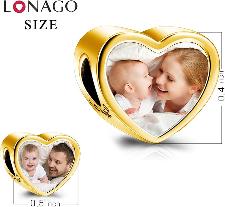 LONAGO 925 Sterling Silver Personalized Photo Charm Fit Compatible for Bracelet Necklace Customized Heart Round Shape Picture Bead