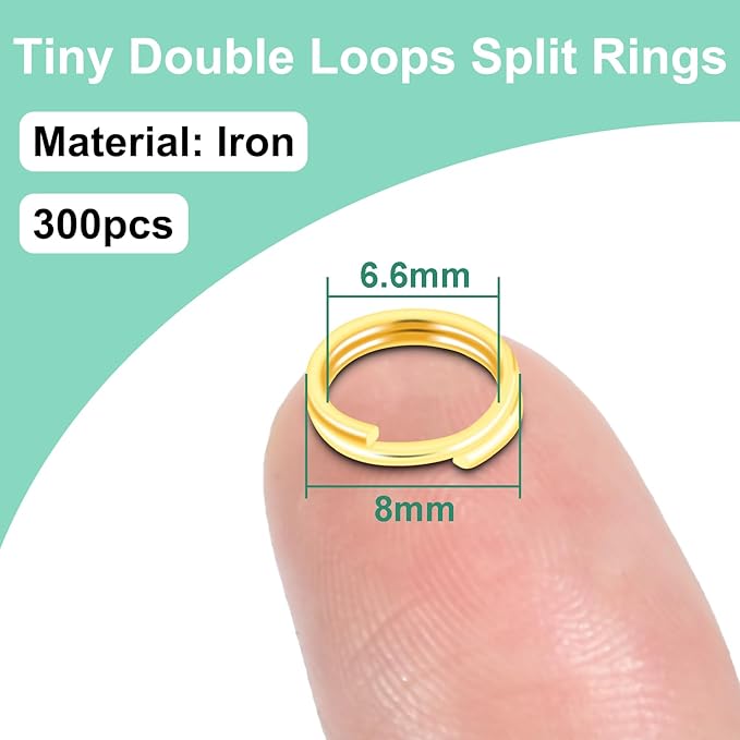 8mm 300 PCS Gold Tiny Split Key Rings for Jewelry Making, Double Loops Split Jump Rings Necklaces Bracelets Earrings Metal Mini Key Rings DIY Craft Hardware