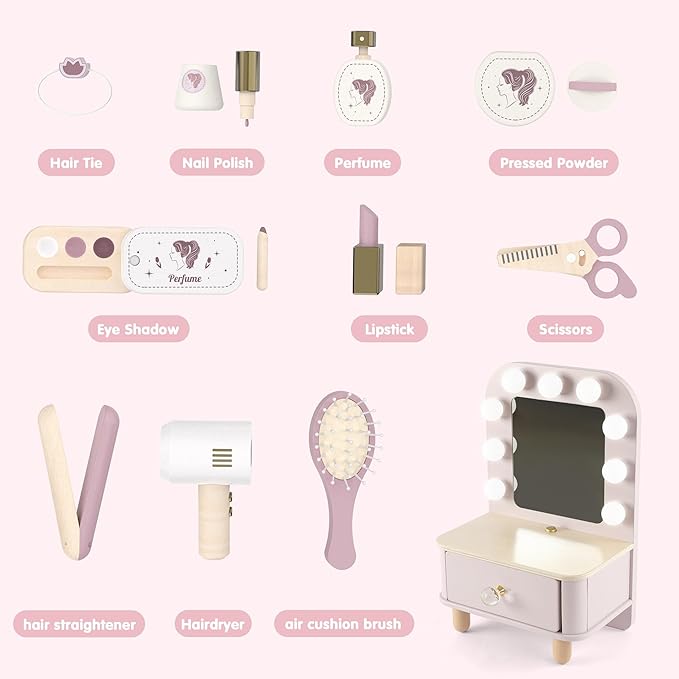 Freniland Wooden Toddler Vanity with Mirror and Light ,Kids Make Up Toy Set,11 Pcs Dressing Table Toy Includes Beauty Salon Set and Makeup Accessories,Pink Vanity for Girls Ages 3+