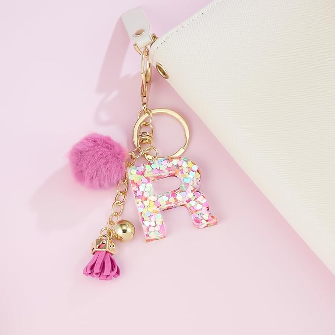 Resin Alphabet Initial Letter Keychain Keyring for Women Purse Handbags With Fur Ball Pom