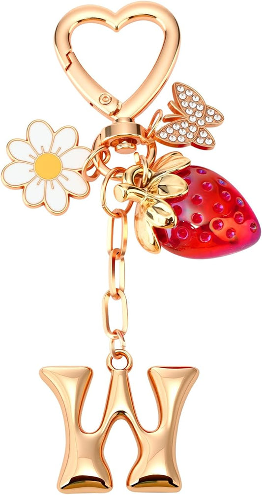 Strawberry Initial Keychain for Women-Cute Kawaii Gold Alphabet Bag Charms, Key chain Gift for Purse Handbag