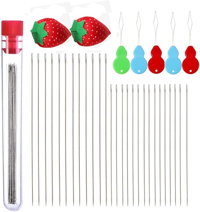 Extra Fine Thin Beading Embroidery Needles 40 Pcs - Long Straight Jewelry Making Needles with Threaders and Sewing Pin Cushion