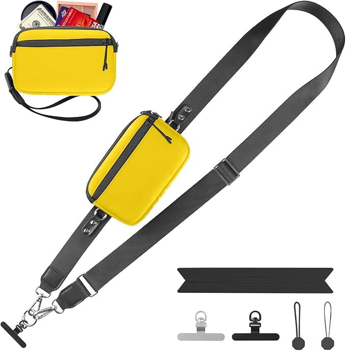 Clip and Go Strap for Phone with Wallet Crossbody, Adjustable Phone Lanyard with Detachable RFID Wristlet Wallet & Ultra-Thin 360° Rotatable Metal Tabs for All Smartphones (Yellow)