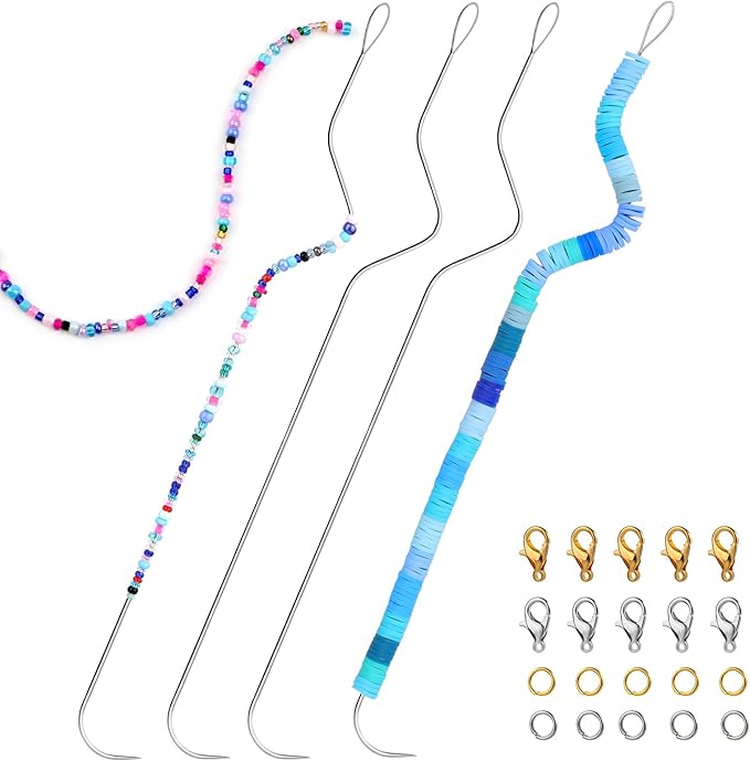 GarfxG Beading Needles Set Includes 4 Pcs Beading Spinning Needles, 100 Pcs Lobster Clasps and 800 Pcs Closed Loops, Beading and Sequin Embroidery Handmade DIY