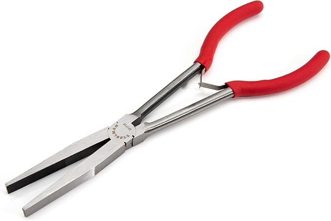 Steelman 11-inch Extra-Long Reach Flat Nose Duckbill Pliers, Textured Jaws for Grip, Spring Assist, Durable Steel, 3-⅛-inch Jaws, Dipped Handles