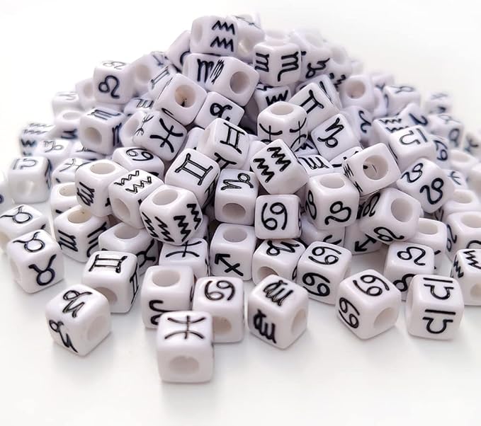 200+ Pieces 7x7mm White Cube Acrylic Alphabet Zodiac Charms Constellation Beads Mixed Plastic Shape Loose Beads for Jewelry Making Bracelets Necklaces Key Chains (Black on White)