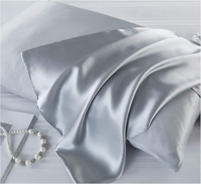 Mulberry Silk Pillowcases Set of 2, Hypoallergenic Satin Pillow Covers for Hair and Skin, with Hidden Zipper, Both Side 100% 19 Momme Silk (Silver Gray,Queen)