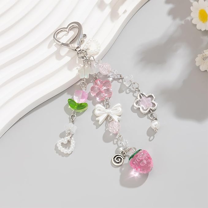 Angyape Cute Pink Strawberry Keychain Y2K Keychain Bow Flower Heart Pendant Bag Charms Kawaii Aesthetic Accessories for Women