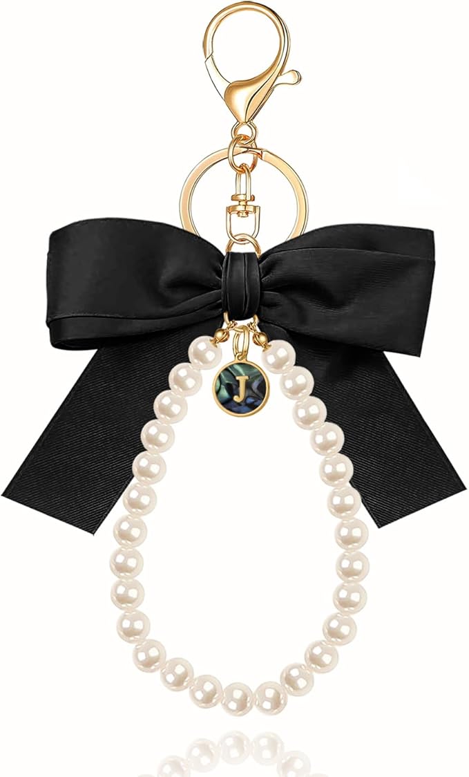 XGALBLA Initial Letter Cute Coquette Bow Keychain for Women, Wristlet Simulated Pearl Keychains Bag Charms for Handbags