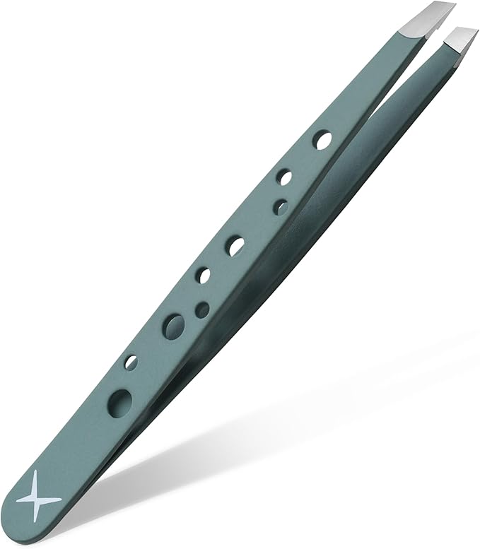 Premium Slant Tip Tweezers – Handmade Japanese Stainless Steel, Ultra-Precise Hair Removal Tool for Brows, Ingrowns & Splinters – Ergonomic 9-Hole Grip, Professional Salon Quality (Olive Fog)