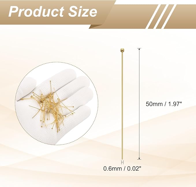 HARFINGTON 100pcs Ball Head Pins 1.97" 50mm Round Head Pins for Earring Pendant Necklace Bracelet Charm Jewelry Making Findings DIY Craft, 18K Gold