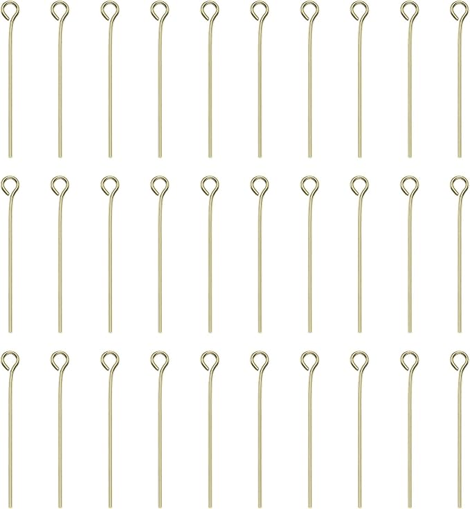 HARFINGTON 100pcs Open Eye Head Pins 1.18" 30mm Mini Metal Wire Eye Pins Beading Small Needles Bulk for Earring Pendant Necklace Bracelet Charm Jewelry Making Findings DIY Craft, 14K Gold