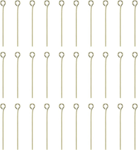 HARFINGTON 100pcs Open Eye Head Pins 1.18" 30mm Mini Metal Wire Eye Pins Beading Small Needles Bulk for Earring Pendant Necklace Bracelet Charm Jewelry Making Findings DIY Craft, 14K Gold