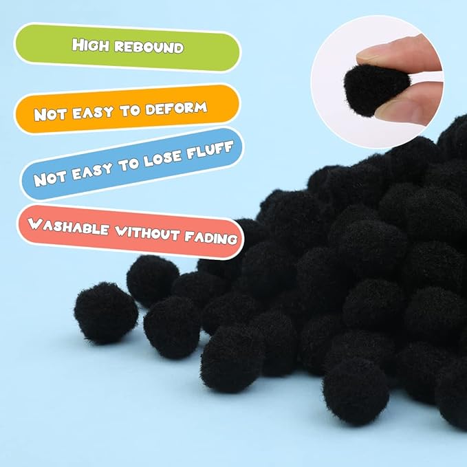 MOREFEN 150 Pieces Pom Poms, 1 Inch Black Craft Pom Poms, Fuzzy Pompom Puff Balls, Small Pom Pom Balls for DIY Arts, Crafts Projects, Home Decorations