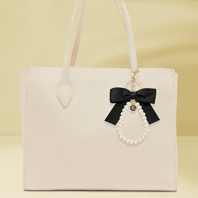 XGALBLA Initial Letter Cute Coquette Bow Keychain for Women, Wristlet Simulated Pearl Keychains Bag Charms for Handbags