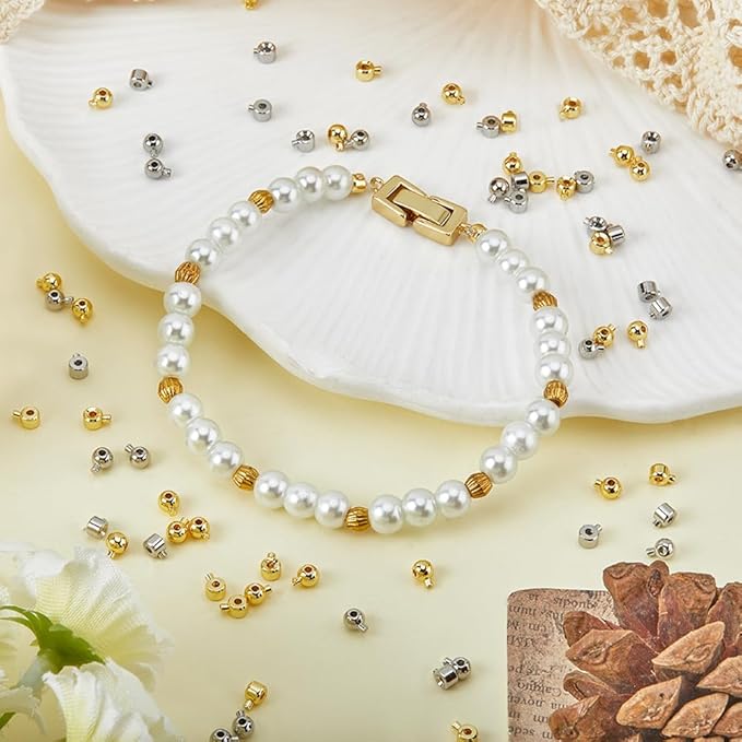 Beebeecraft 1 Box 100Pcs Crimp Beads for Jewelry Making 18K Gold & Platinum Plated Spacer Beads Ball Column Stopper Crimp Charms for Bracelet Necklace Ends Accessories