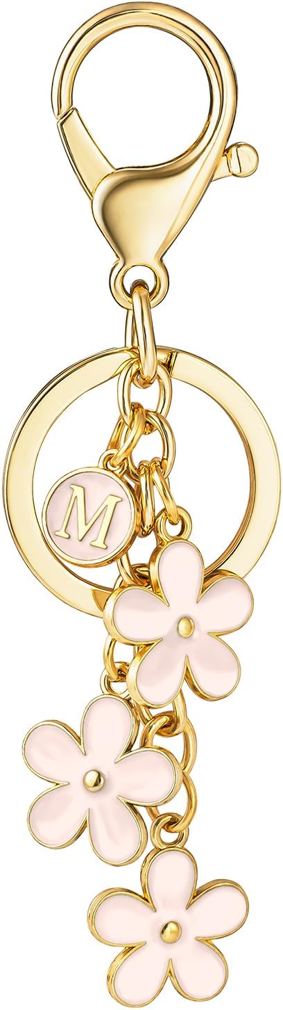 SELOVO Initial Keychain White/Pink/Black Cute Keychain Girl Purse Charms for Handbag Cute Letter Flower Keyring for Backpack