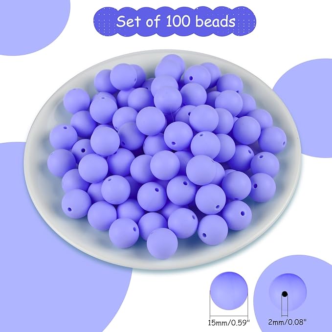 ASTARON 100 Pcs 15mm Silicone Beads for Keychain Making, Purple Blue Silicone Beads Bulk Round Rubber Beads for Bracelets Beadable Pens Decorations Crafts Supplies
