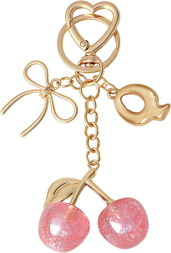 Snycler Bubble Initial Keychain with Cherry & Bow - Gold Letter Bag Charms for Women, Cute Purse Handbag Accessories