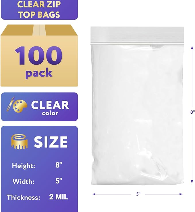 APQ Clear Plastic Reclosable Zipper Bags, 5 x 8 Inches. Pack of 100 Reclosable Plastic Bags with Zipper Closure. 2 Mil Plastic Jewelry Bags. Waterproof Reclosable Zip Bags for Industrial Use
