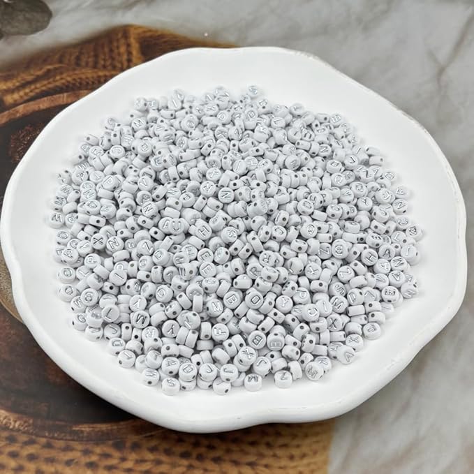 1000pcs Round Letter Beads 4x7mm Acrylic Alphabet Beads Spacer Beads for Jewelry Making Bracelets Necklace Earring Key Chains DIY Craft(T-Silver Letter White Bead)