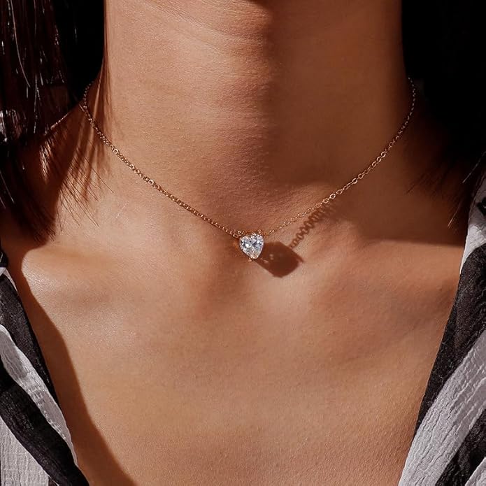 Luxval Diamond Pendant Gold Necklace for Women，Dainty 18k Gold Plated Choker Necklaces Simple Gold Jewelry Gifts for Women Girls