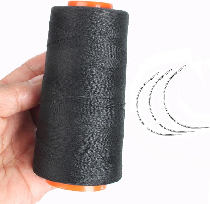 Polyester Sewing Thread with 3 Pcs Curved Needles Using for Hand Sewing, Hair Extensions, Wig Making, Modelling Crafts