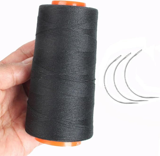 Polyester Sewing Thread with 3 Pcs Curved Needles Using for Hand Sewing, Hair Extensions, Wig Making, Modelling Crafts