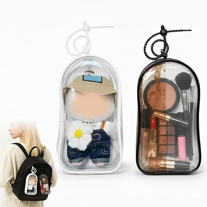 2Pcs Clear Display Case for 17/15cm Plush Doll -Portable Storage Bag with Keychain, Waterand Dust-Resistant,Protective Cover for Collectible Toys,Jewelry,Cosmetics,Ornaments,Data Line (White+Black)