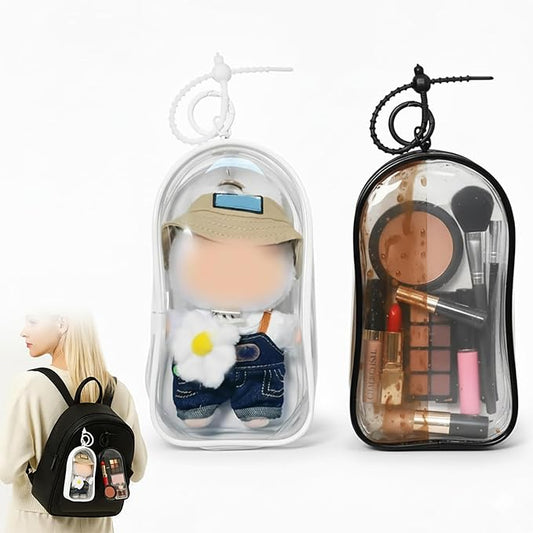 2Pcs Clear Display Case for 17/15cm Plush Doll -Portable Storage Bag with Keychain, Waterand Dust-Resistant,Protective Cover for Collectible Toys,Jewelry,Cosmetics,Ornaments,Data Line (White+Black)