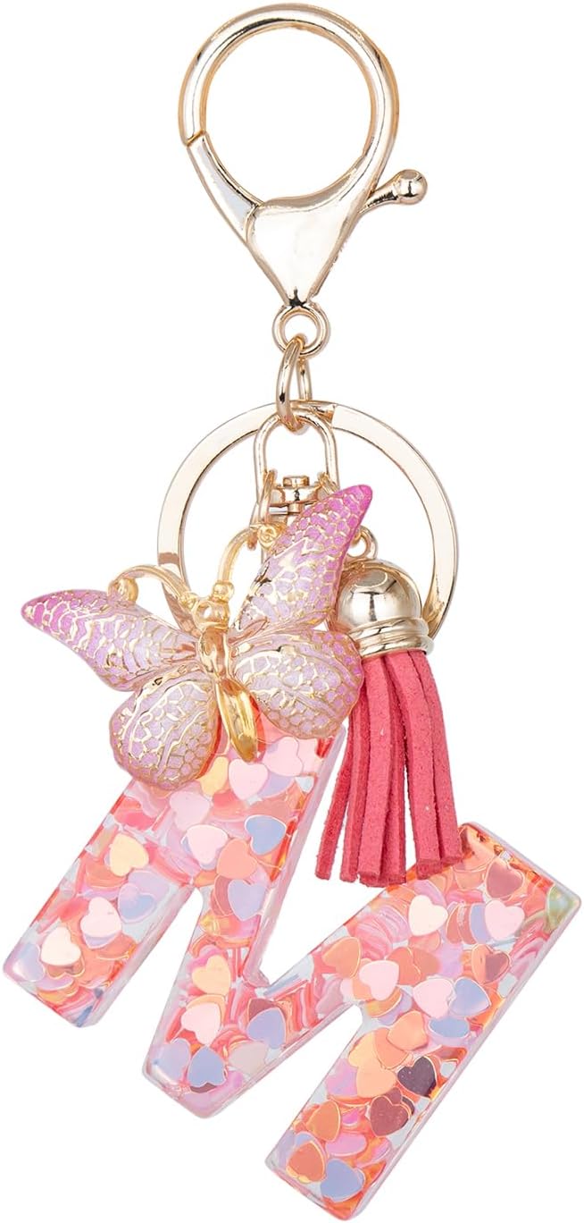 Initial Keychain Cute Pink Resin Letter and Butterfly Charms Keychains for Backpack Purses