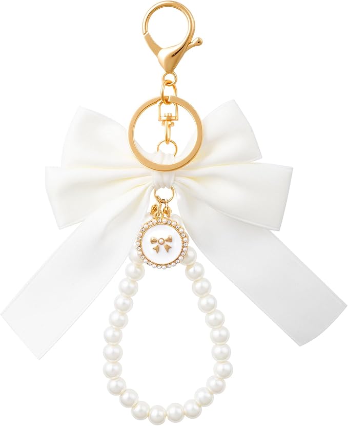 Joez Wonderful Pearl Bow Keychain, Cute Pink Bowknot & Pearl Keyring Charms, Aesthetic Keychain