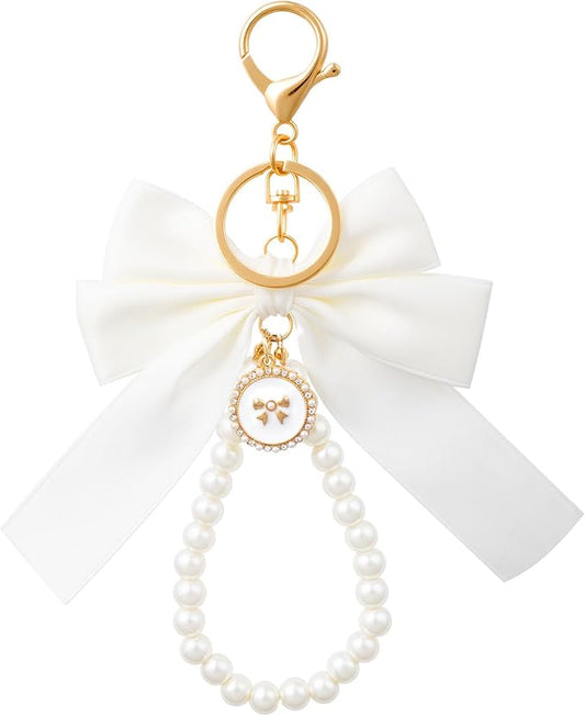 Joez Wonderful Pearl Bow Keychain, Cute Pink Bowknot & Pearl Keyring Charms, Aesthetic Keychain