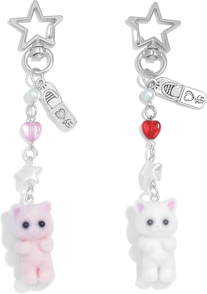 Cute Pink Keychain,Fuzzy Cat Keychain Aesthetic Y2K KeychainStylish KeychainsAccessories