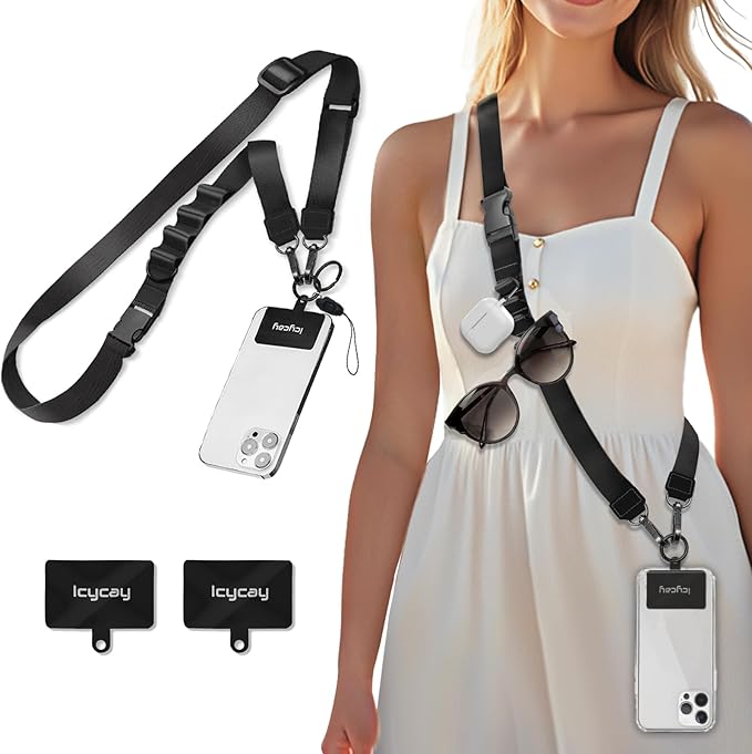 Phone Lanyard Crossbody, Black Cell Phone Lanyard for Around The Neck Adjustable Phone Strap, Anti Theft Long Lanyard for iPhone Case ID Holder Keys Phone Accessories Travel Essential for Women