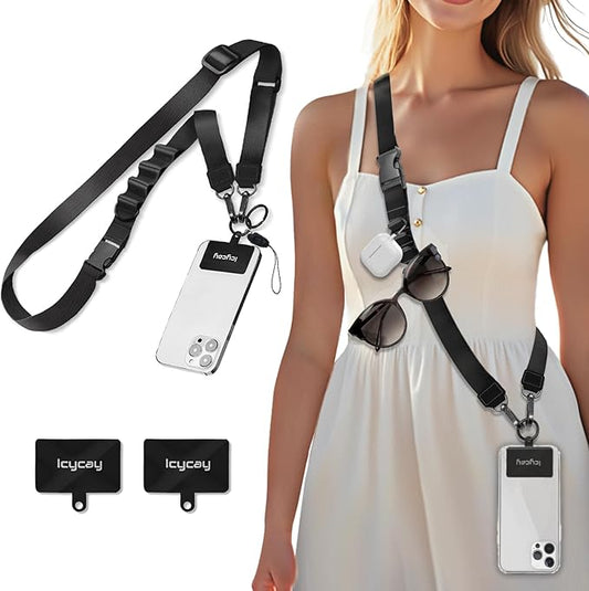 Phone Lanyard Crossbody, Black Cell Phone Lanyard for Around The Neck Adjustable Phone Strap, Anti Theft Long Lanyard for iPhone Case ID Holder Keys Phone Accessories Travel Essential for Women