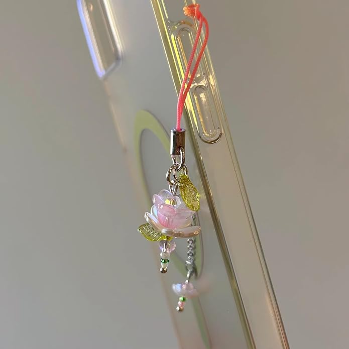 Agromusk Pink Flower Phone Charms,Cute Beaded Lotus Flower Phone Strap Handmade Decor for Women Y2K Accessories Keychain Bag Pendant Gift