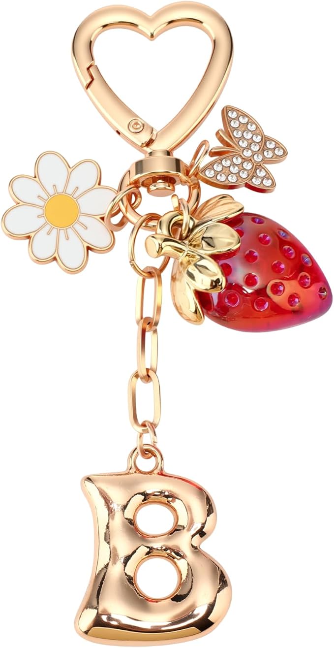 Strawberry Initial Keychain for Women-Cute Kawaii Gold Alphabet Bag Charms, Key chain Gift for Purse Handbag