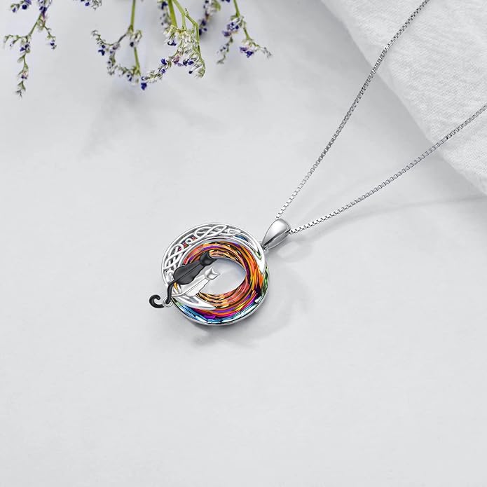 TOUPOP Cat Gifts for Cat Lovers One Two Three Four Cats Necklace Sterling Silver Cats on the Moon Pendant Necklace with Blue Circle Crystal Birthday Christmas Celtic Jewelry Gifts for Women