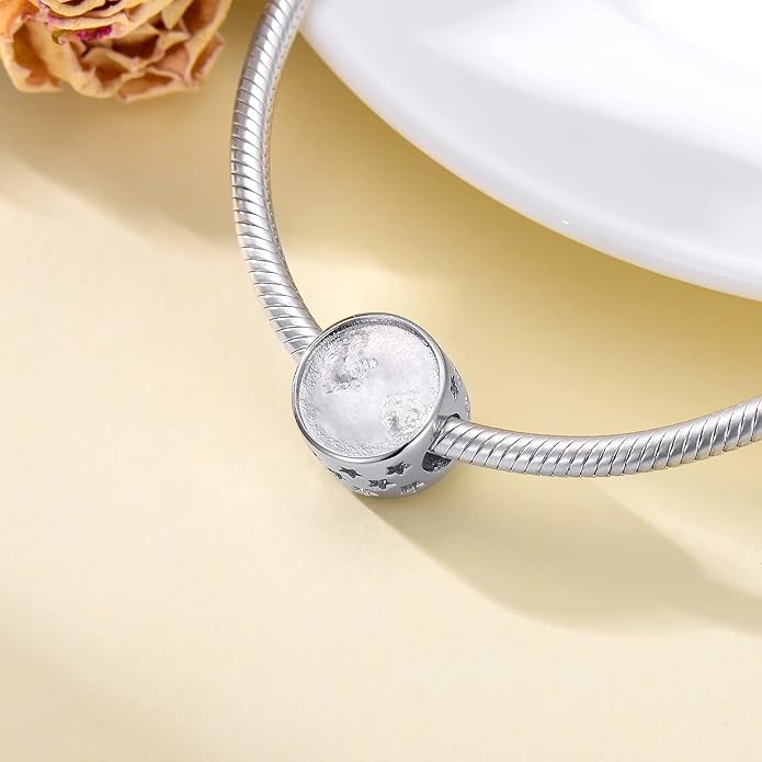 LONAGO 925 Sterling Silver Personalized Photo Charm Fit Compatible for Bracelet Necklace Customized Heart Round Shape Picture Bead